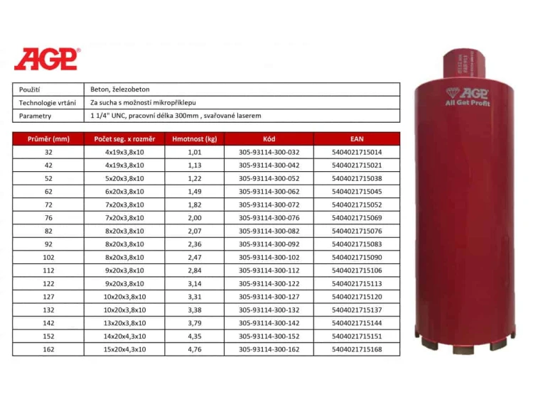 Wiertnica diamentowa sucha Ø52x300 mm AGP