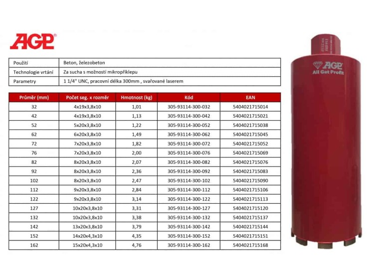 Wiertło rdzeniowe na sucho Ø42x300mm AGP